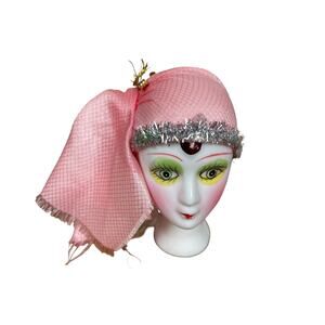Art Deco Harlequin Style Vintage Porcelain Doll Head Pink Head Dress Collectible